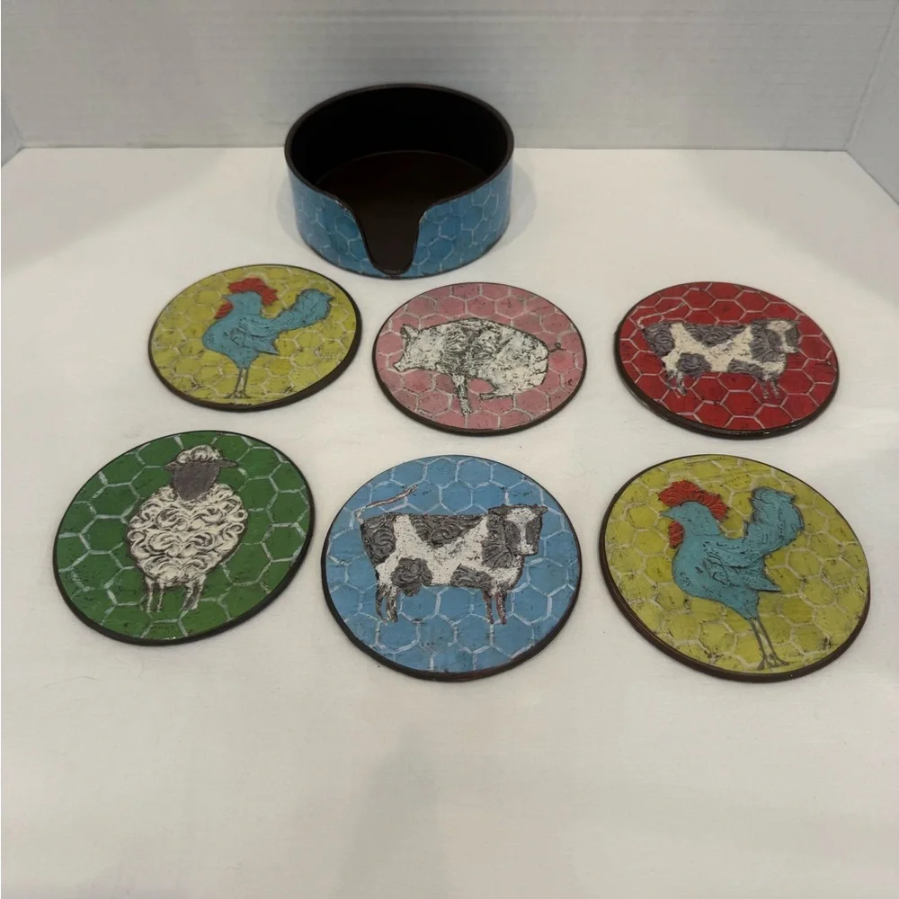 Vintage-Inspired Farmhouse Animal Coaster Set —7 Pieces - Picture 1 of 3